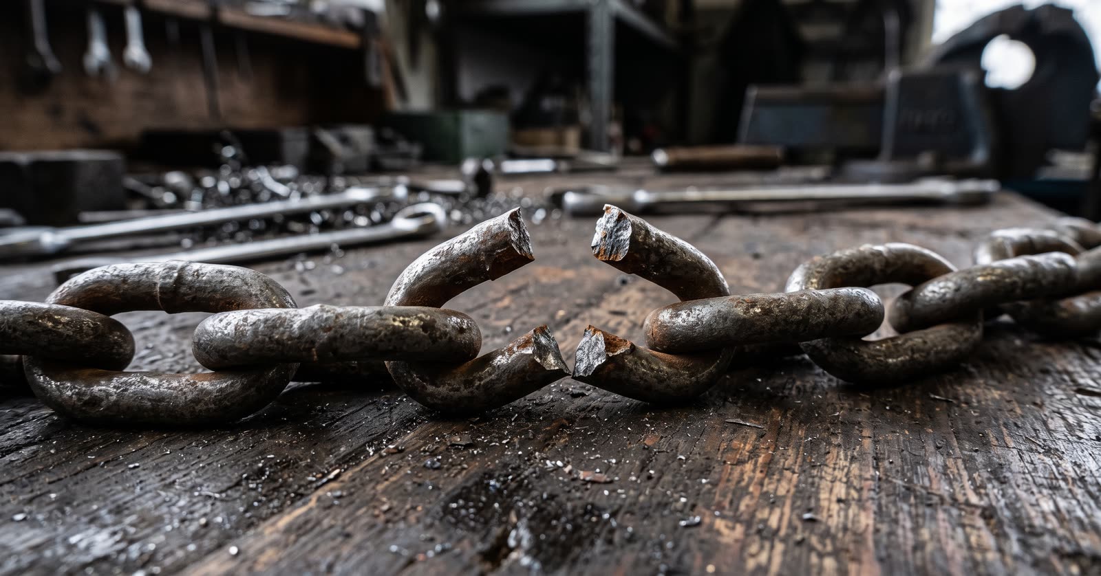 A heavy iron chain lying on a scarred wooden workbench, one link snapped clean through, with tools and metal shavings out of focus behind it.